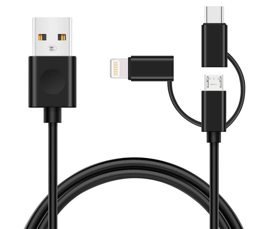 3-in-1 USB charging cable with Lightning, USB-C, and Micro USB male ends, in black, 2 meters long.