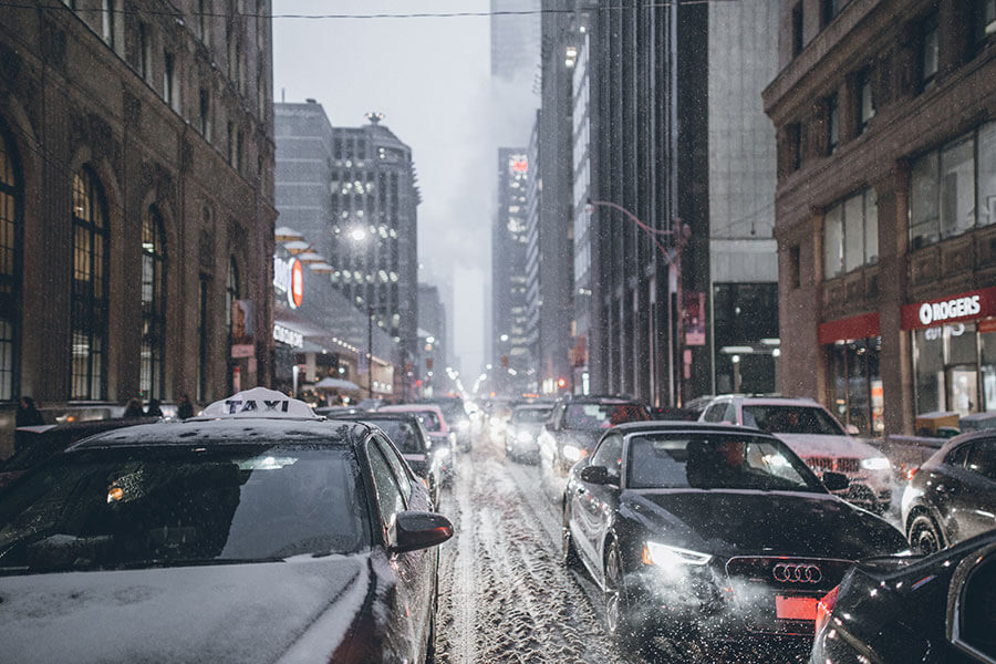 A traffic jam caused by snow and slush.