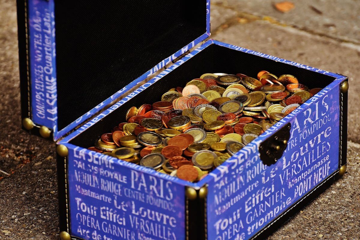 Box full of coins.